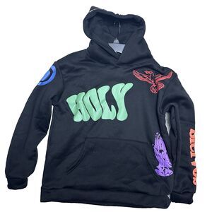 Holy Graphic Hoodie Size M Streetwear Black Pray Hand Dove Bold Letters Pullover